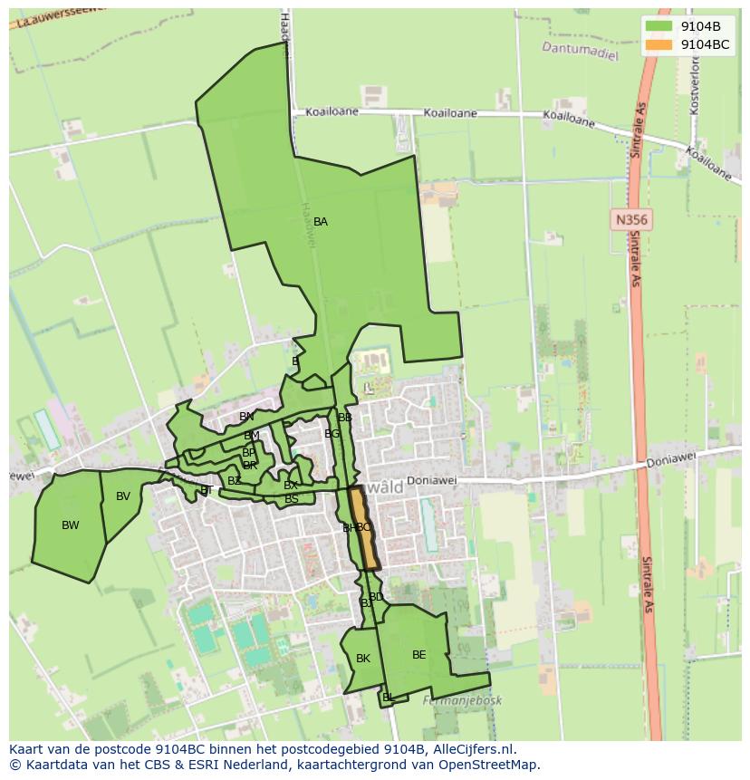 Afbeelding van het postcodegebied 9104 BC op de kaart.