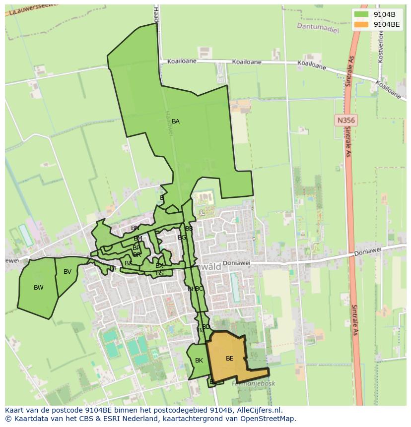 Afbeelding van het postcodegebied 9104 BE op de kaart.