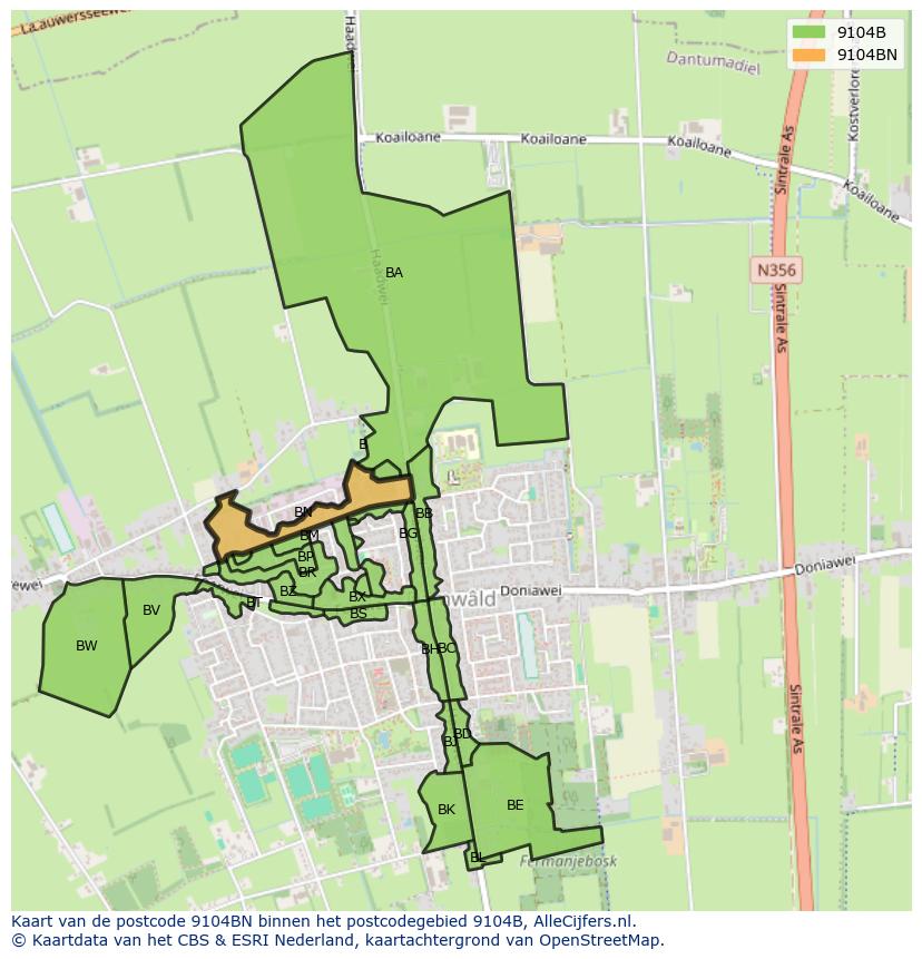 Afbeelding van het postcodegebied 9104 BN op de kaart.