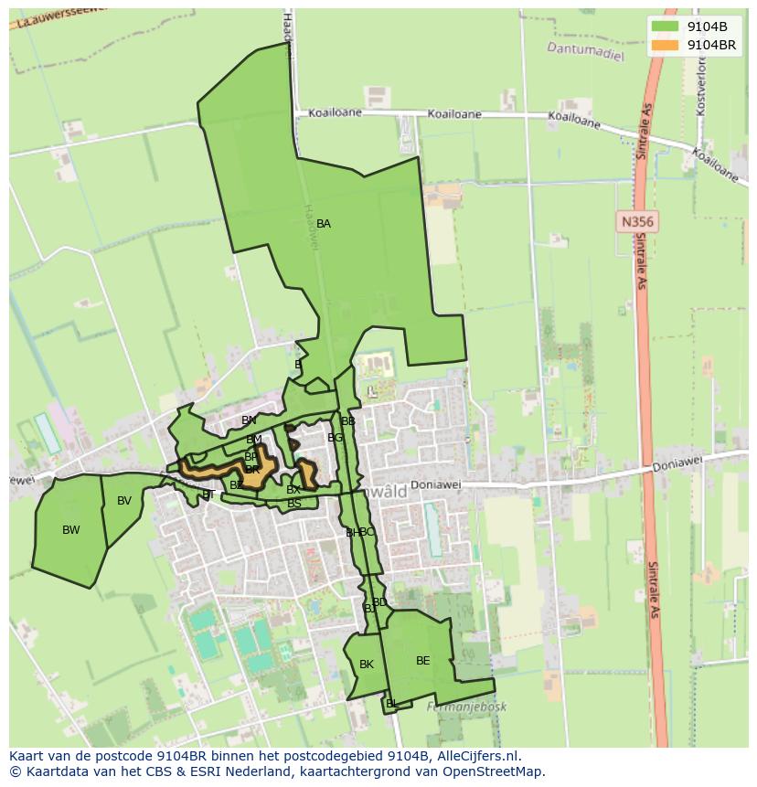 Afbeelding van het postcodegebied 9104 BR op de kaart.