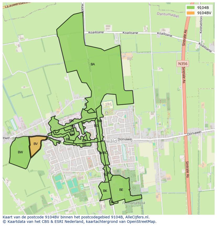 Afbeelding van het postcodegebied 9104 BV op de kaart.