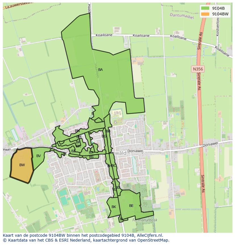 Afbeelding van het postcodegebied 9104 BW op de kaart.