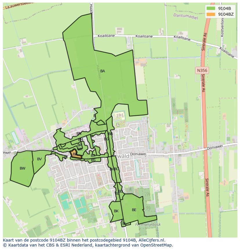 Afbeelding van het postcodegebied 9104 BZ op de kaart.