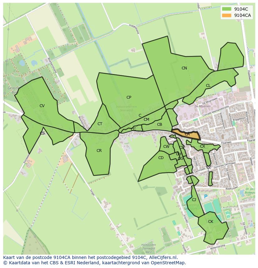 Afbeelding van het postcodegebied 9104 CA op de kaart.