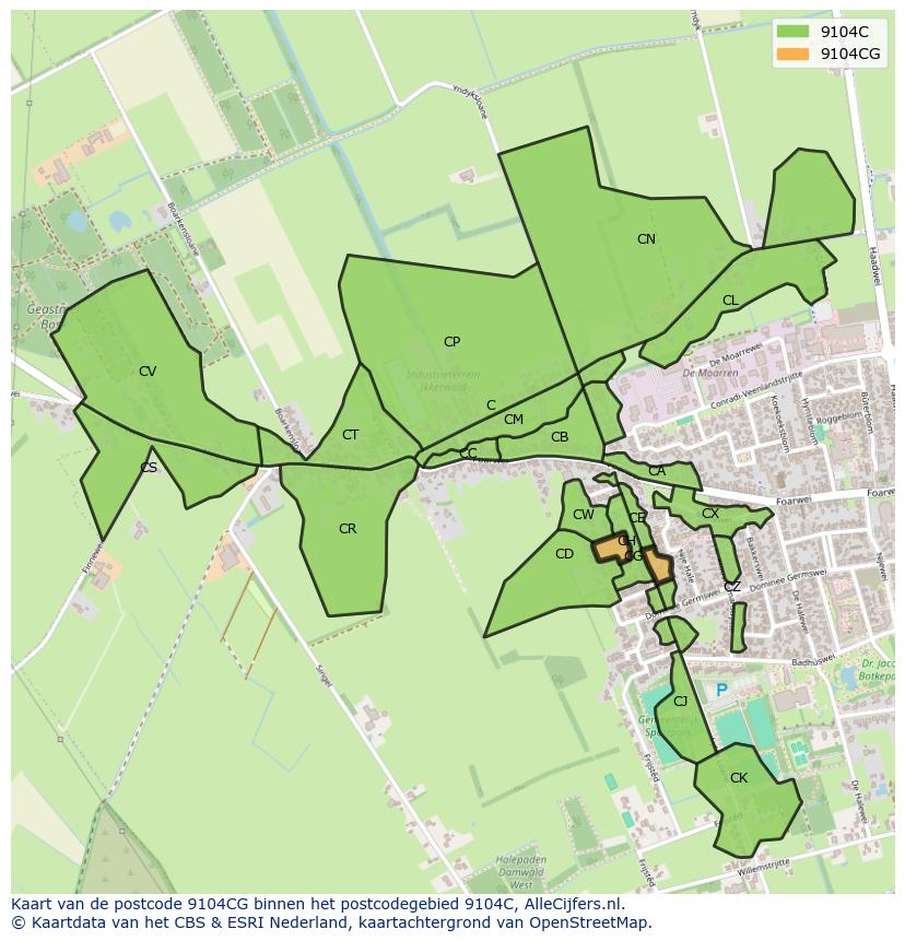 Afbeelding van het postcodegebied 9104 CG op de kaart.