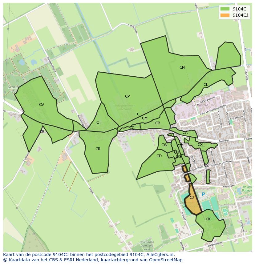 Afbeelding van het postcodegebied 9104 CJ op de kaart.