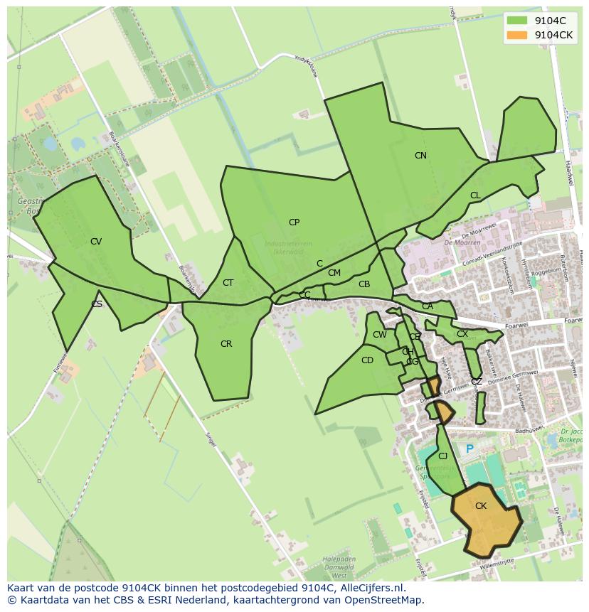 Afbeelding van het postcodegebied 9104 CK op de kaart.