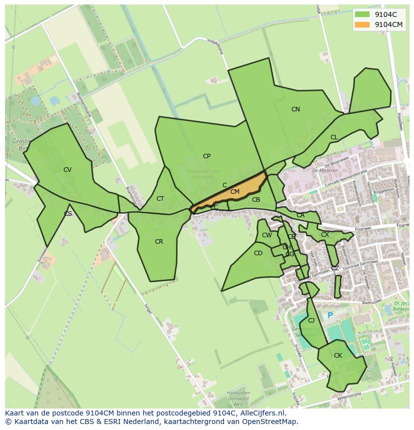 Afbeelding van het postcodegebied 9104 CM op de kaart.