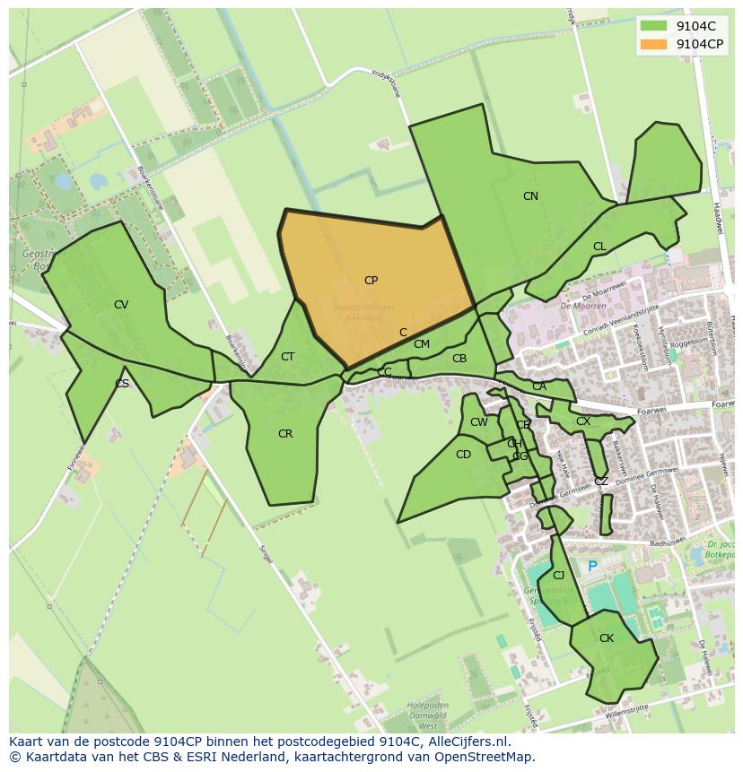 Afbeelding van het postcodegebied 9104 CP op de kaart.
