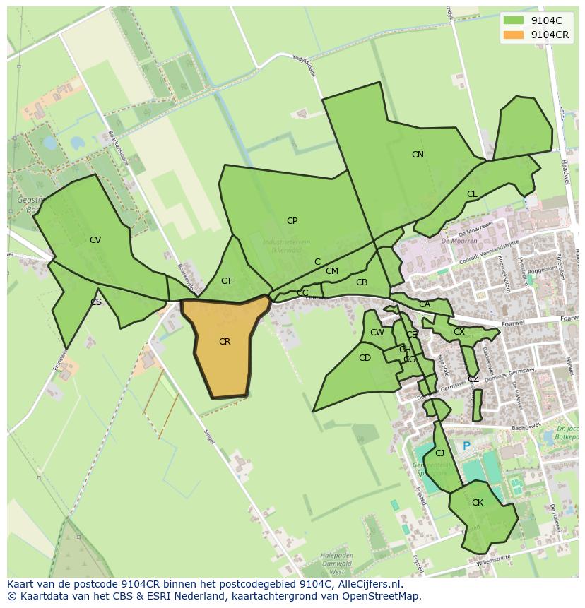 Afbeelding van het postcodegebied 9104 CR op de kaart.