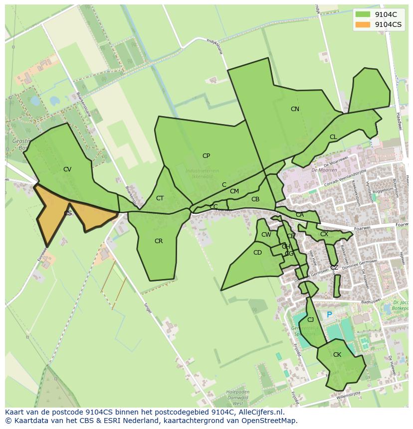 Afbeelding van het postcodegebied 9104 CS op de kaart.