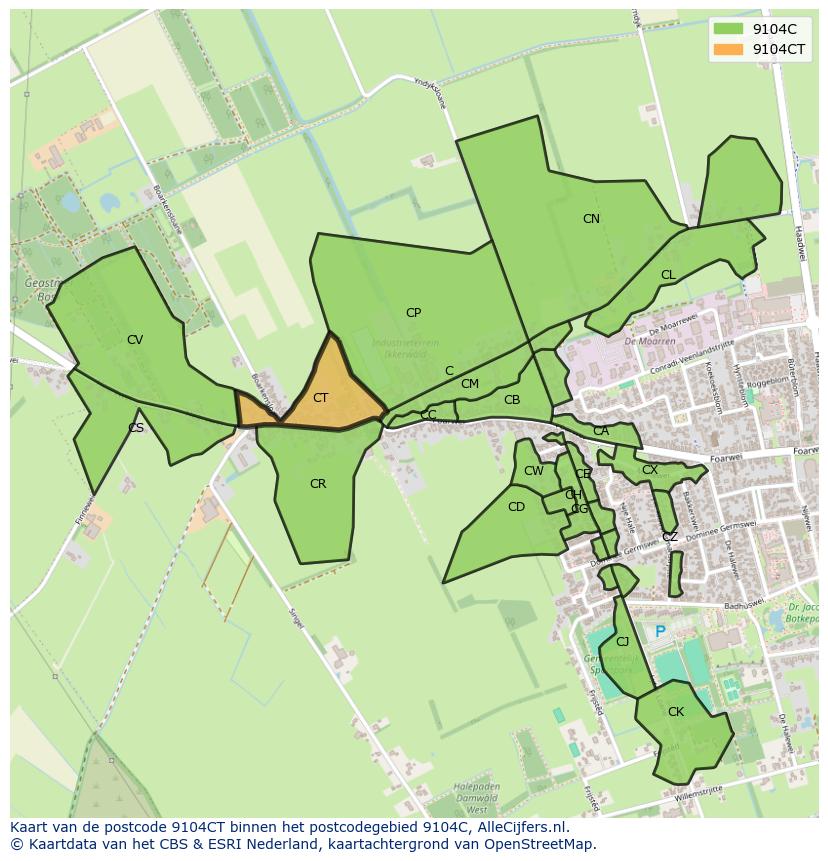 Afbeelding van het postcodegebied 9104 CT op de kaart.