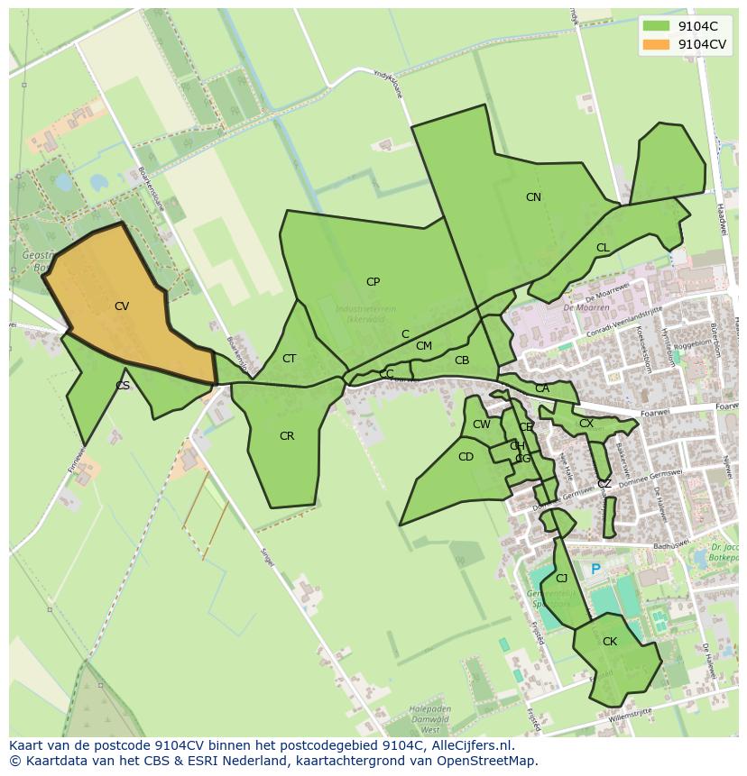 Afbeelding van het postcodegebied 9104 CV op de kaart.