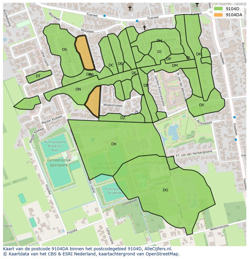 Afbeelding van het postcodegebied 9104 DA op de kaart.