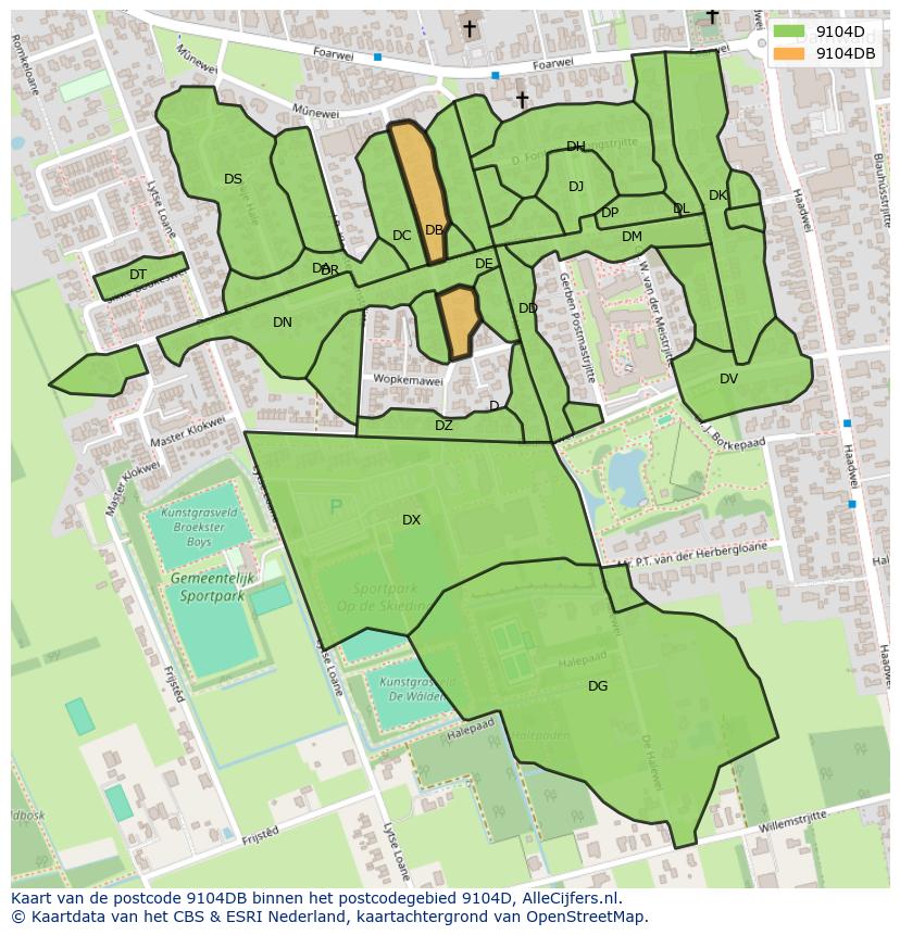 Afbeelding van het postcodegebied 9104 DB op de kaart.