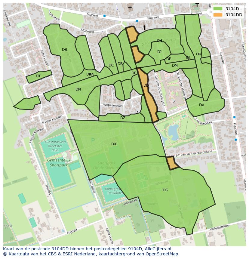 Afbeelding van het postcodegebied 9104 DD op de kaart.