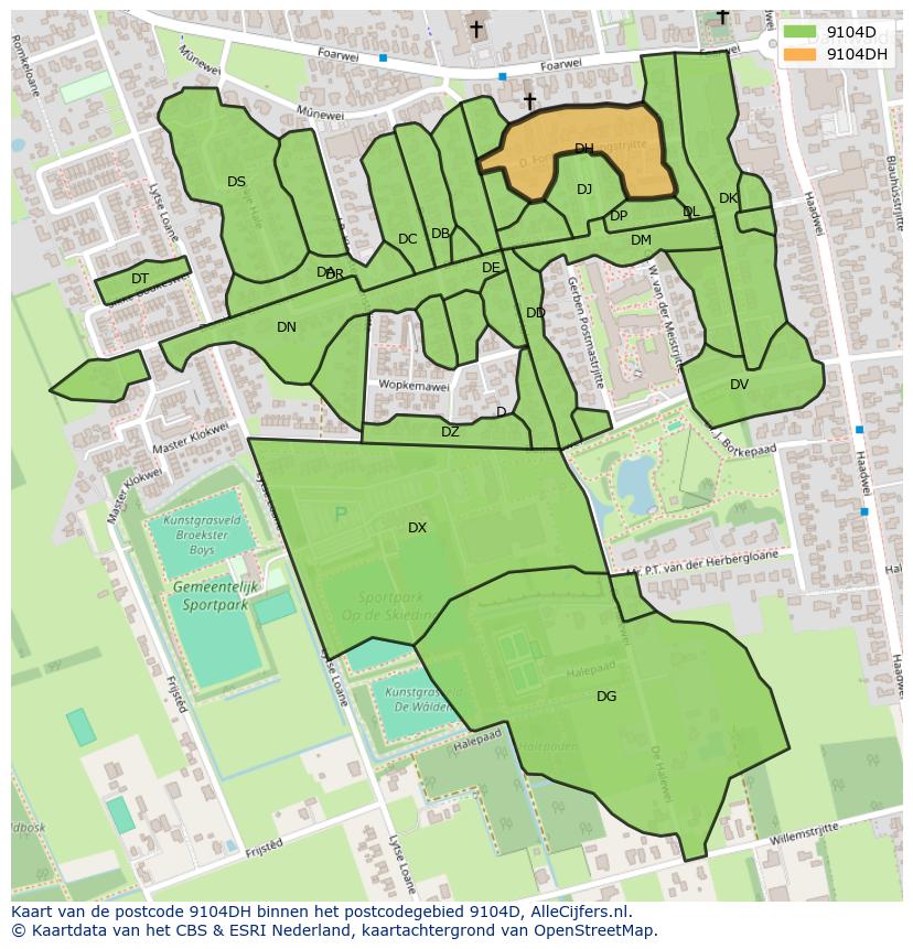 Afbeelding van het postcodegebied 9104 DH op de kaart.