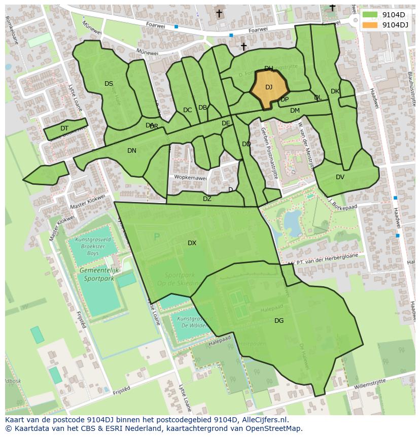 Afbeelding van het postcodegebied 9104 DJ op de kaart.
