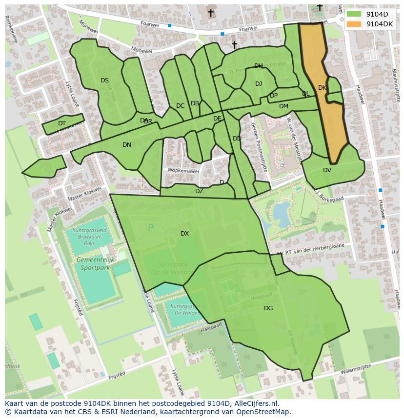 Afbeelding van het postcodegebied 9104 DK op de kaart.