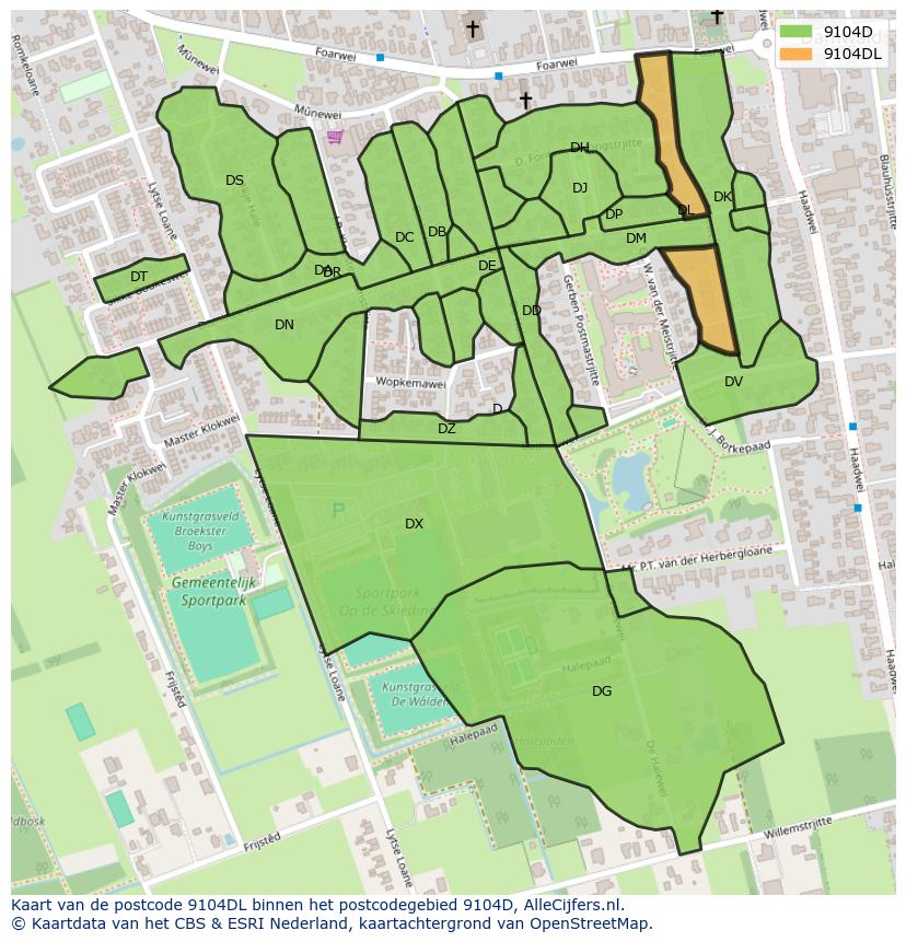 Afbeelding van het postcodegebied 9104 DL op de kaart.