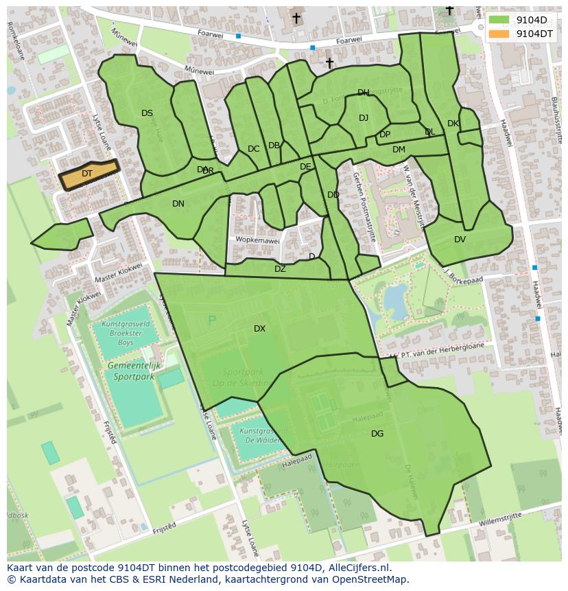Afbeelding van het postcodegebied 9104 DT op de kaart.