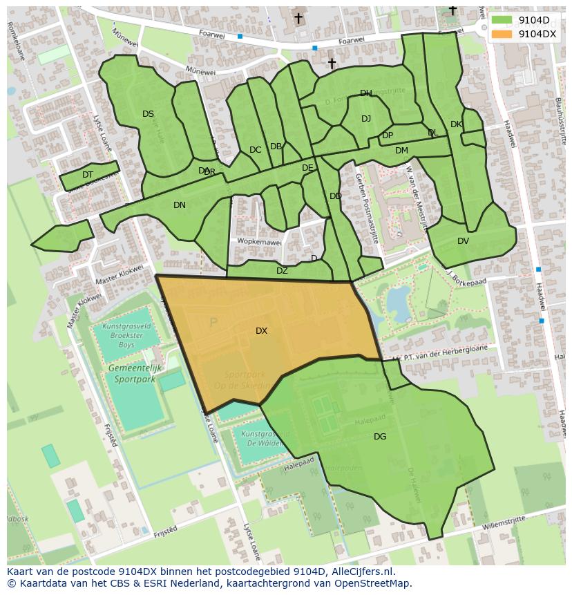 Afbeelding van het postcodegebied 9104 DX op de kaart.