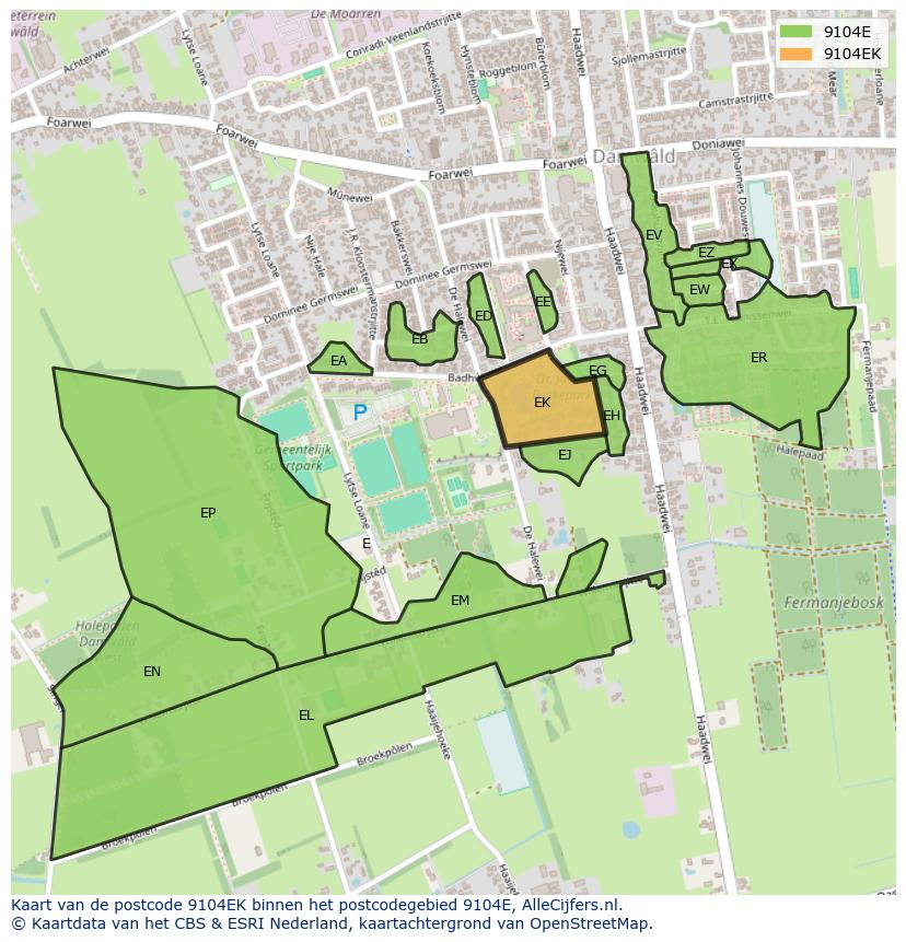 Afbeelding van het postcodegebied 9104 EK op de kaart.