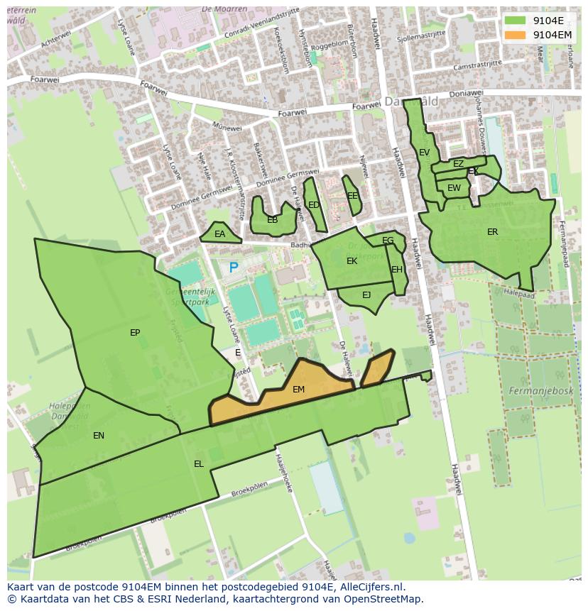 Afbeelding van het postcodegebied 9104 EM op de kaart.