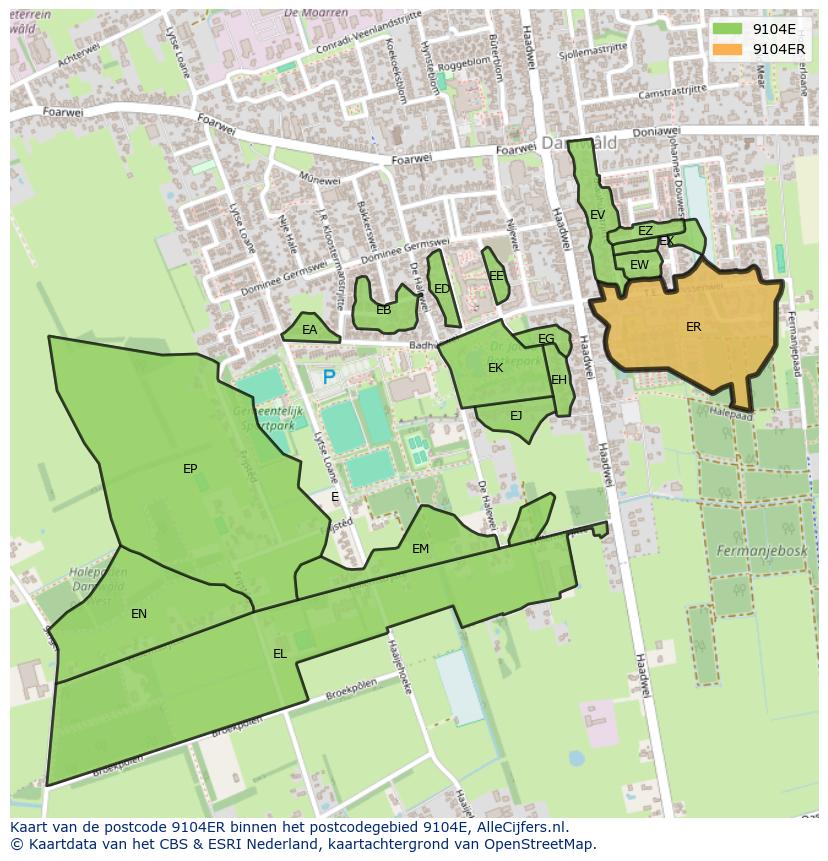 Afbeelding van het postcodegebied 9104 ER op de kaart.