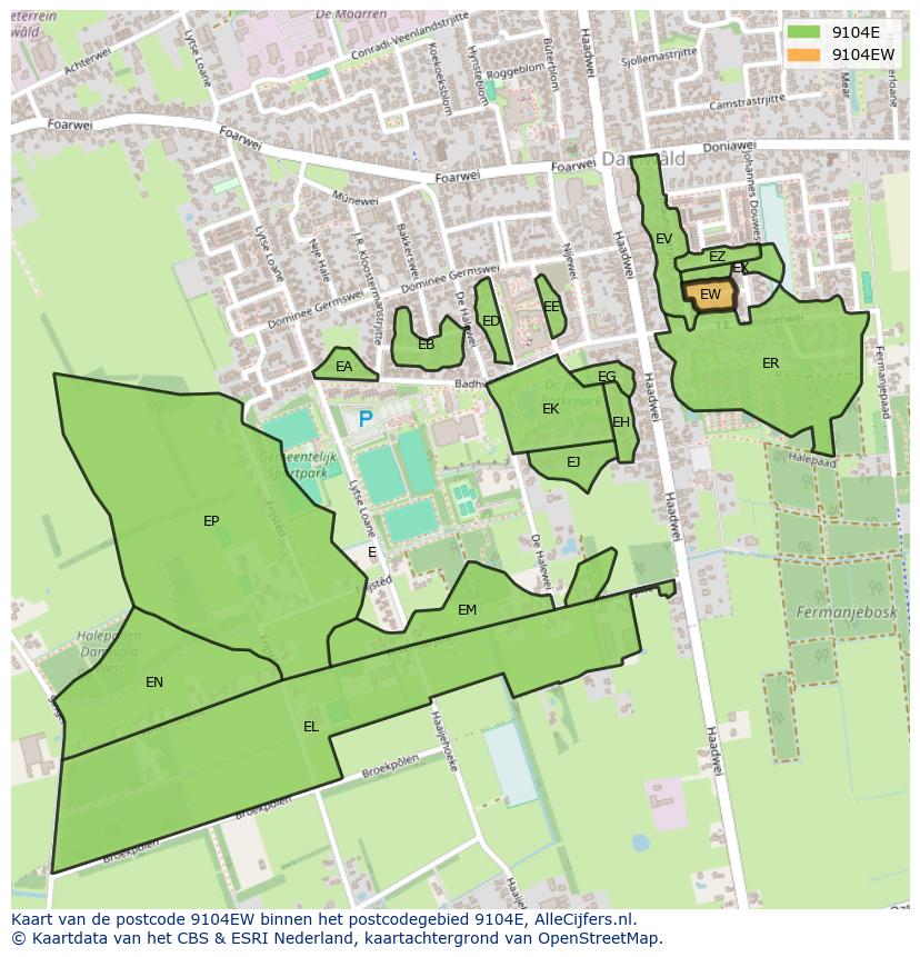 Afbeelding van het postcodegebied 9104 EW op de kaart.