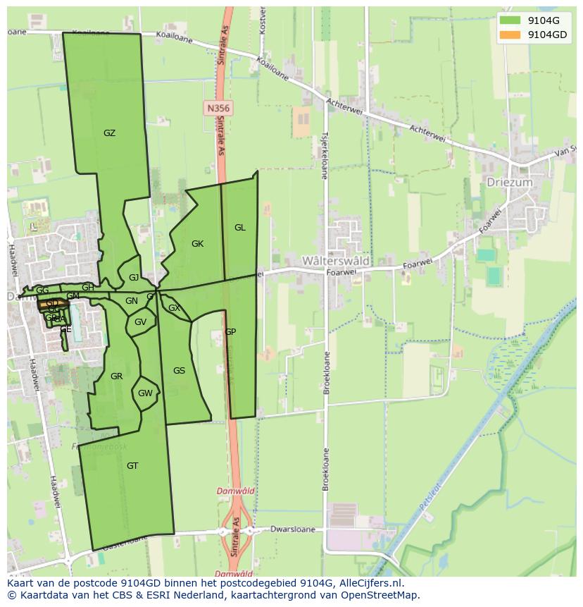 Afbeelding van het postcodegebied 9104 GD op de kaart.