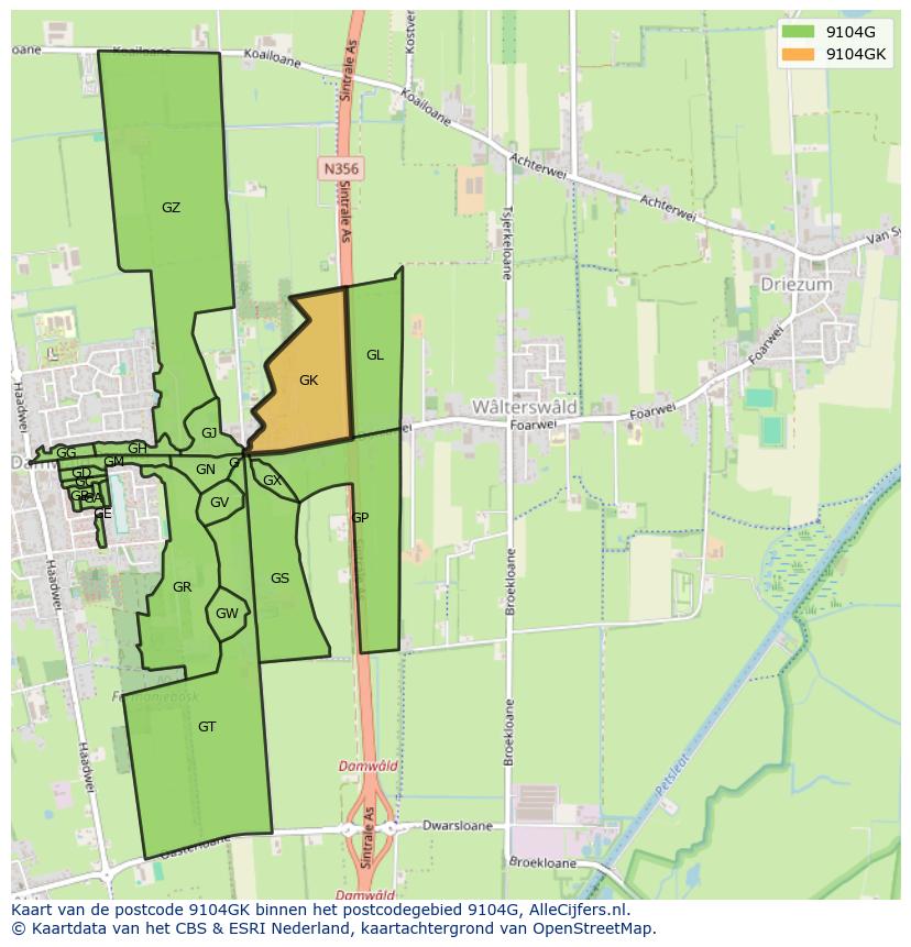 Afbeelding van het postcodegebied 9104 GK op de kaart.