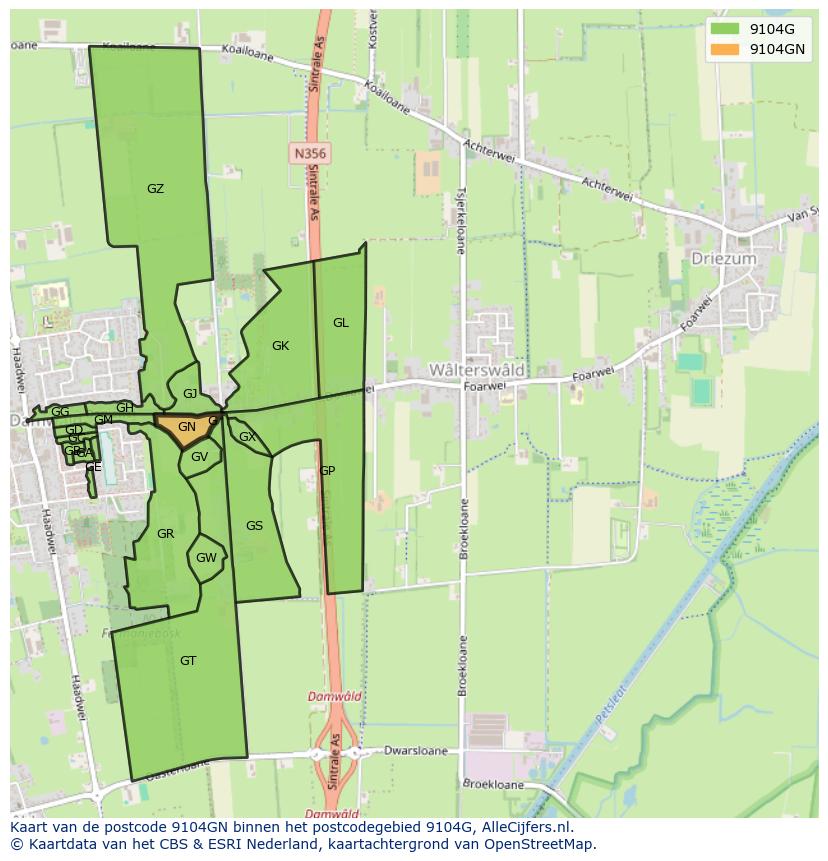 Afbeelding van het postcodegebied 9104 GN op de kaart.