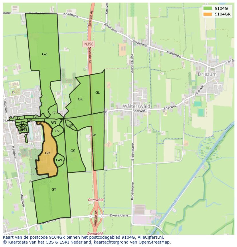 Afbeelding van het postcodegebied 9104 GR op de kaart.