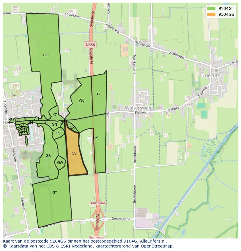 Afbeelding van het postcodegebied 9104 GS op de kaart.