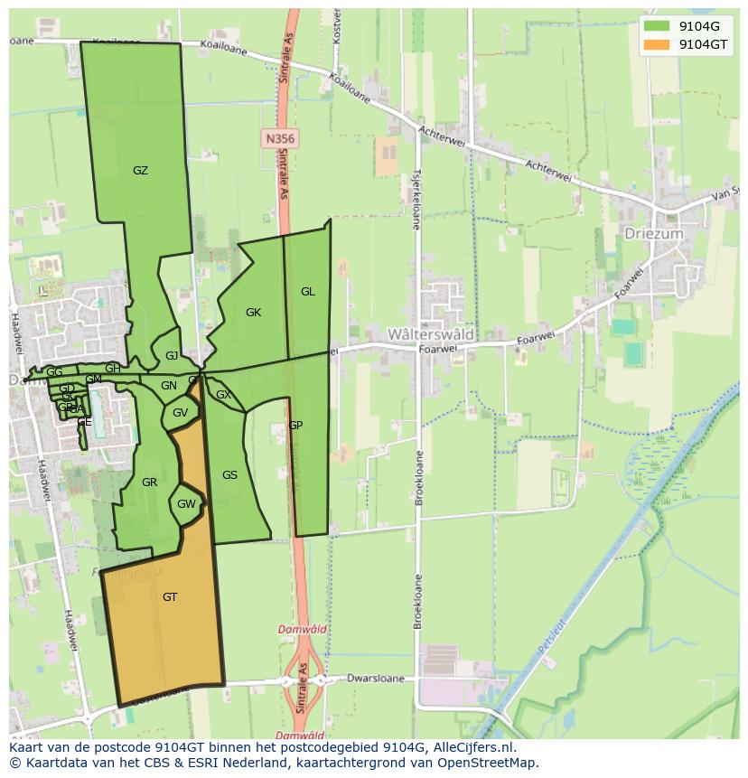 Afbeelding van het postcodegebied 9104 GT op de kaart.