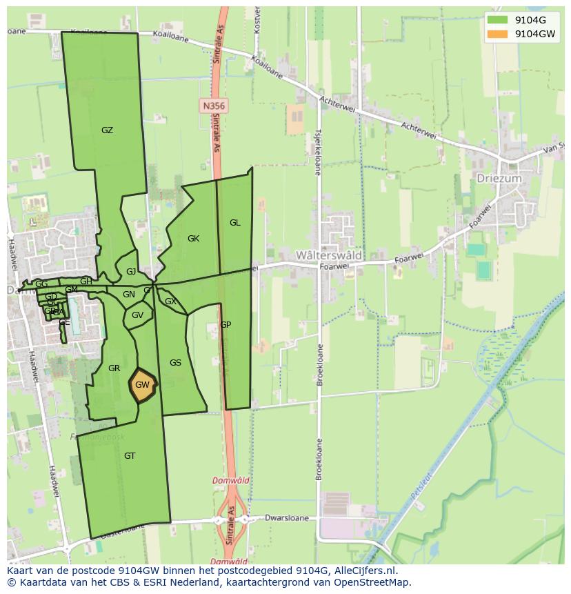 Afbeelding van het postcodegebied 9104 GW op de kaart.