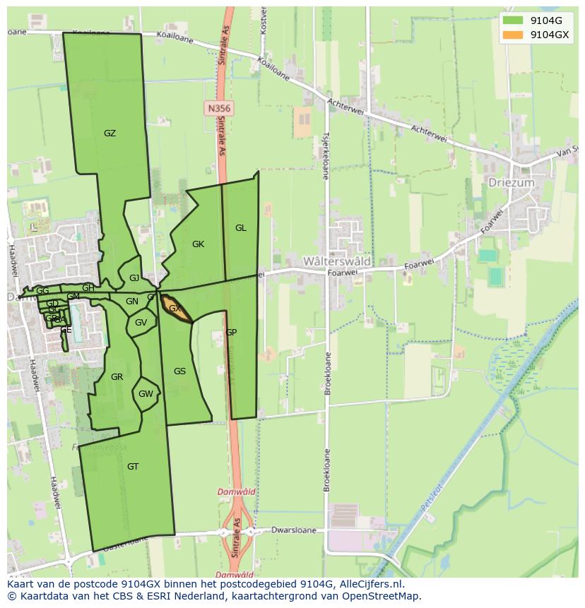 Afbeelding van het postcodegebied 9104 GX op de kaart.