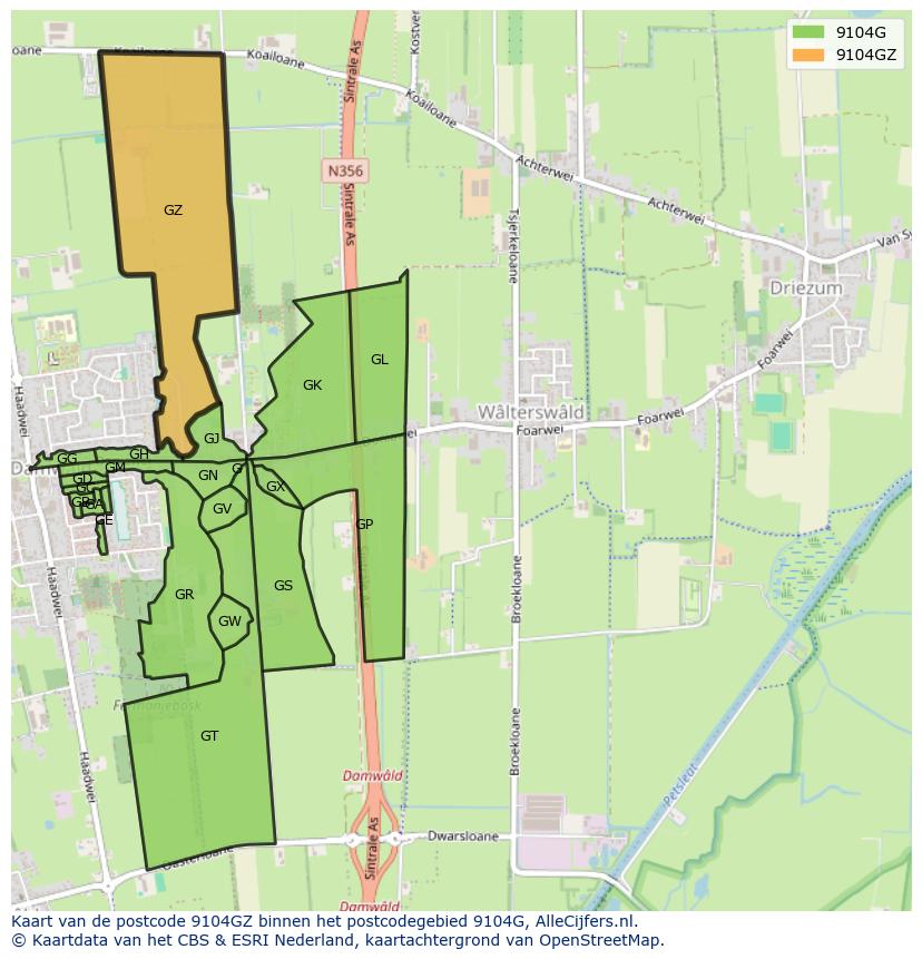 Afbeelding van het postcodegebied 9104 GZ op de kaart.