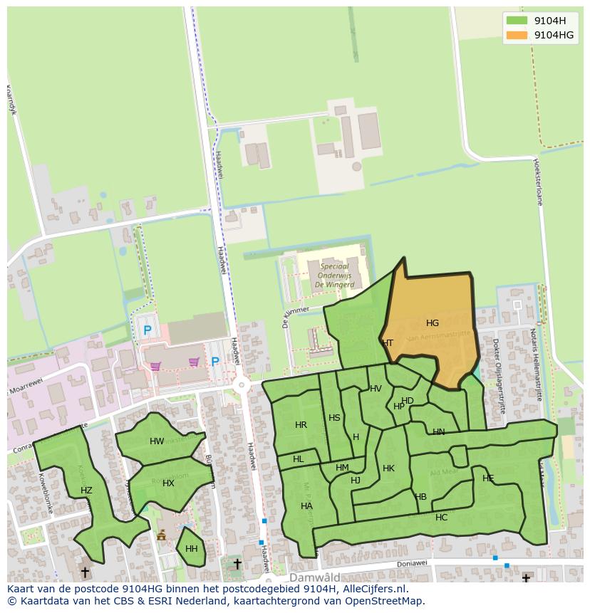 Afbeelding van het postcodegebied 9104 HG op de kaart.