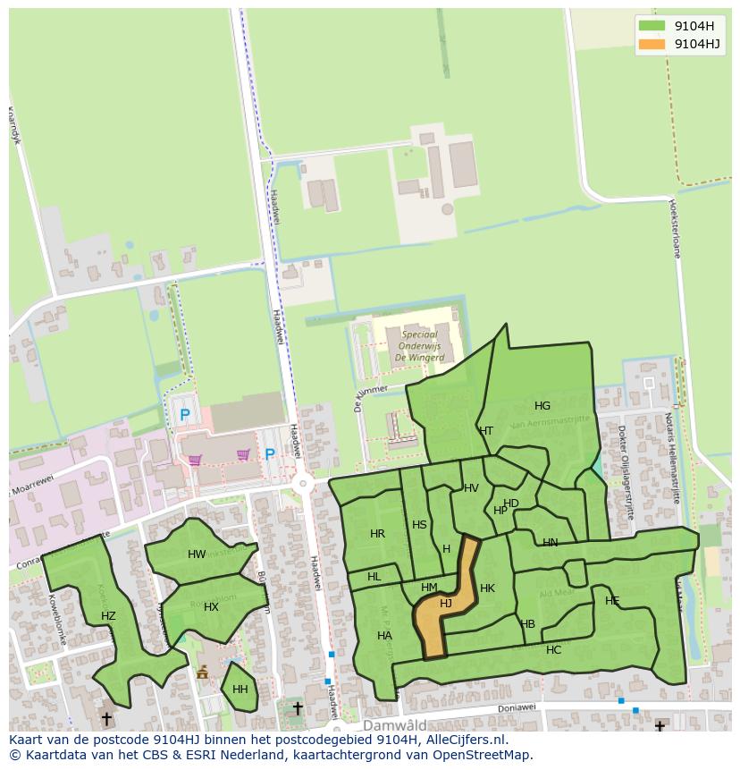 Afbeelding van het postcodegebied 9104 HJ op de kaart.