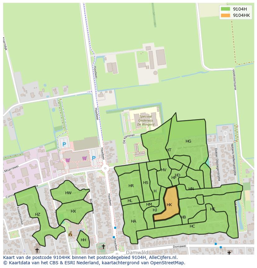 Afbeelding van het postcodegebied 9104 HK op de kaart.