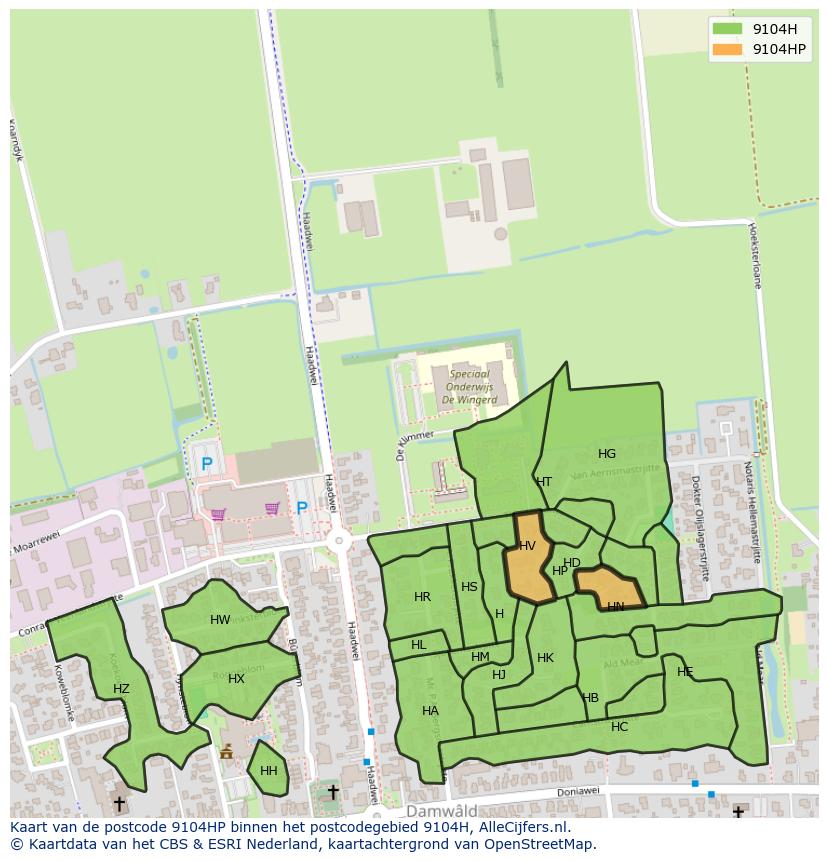 Afbeelding van het postcodegebied 9104 HP op de kaart.