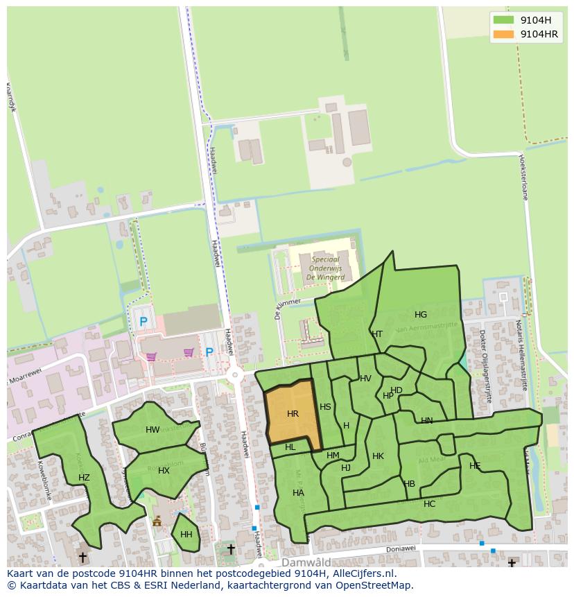 Afbeelding van het postcodegebied 9104 HR op de kaart.