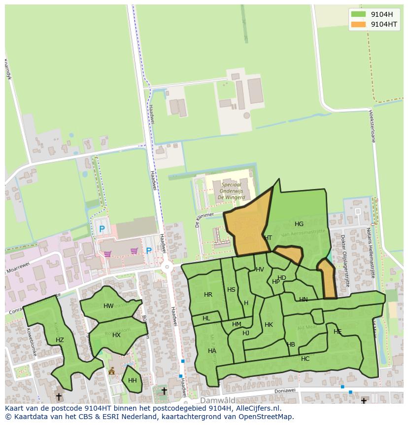 Afbeelding van het postcodegebied 9104 HT op de kaart.