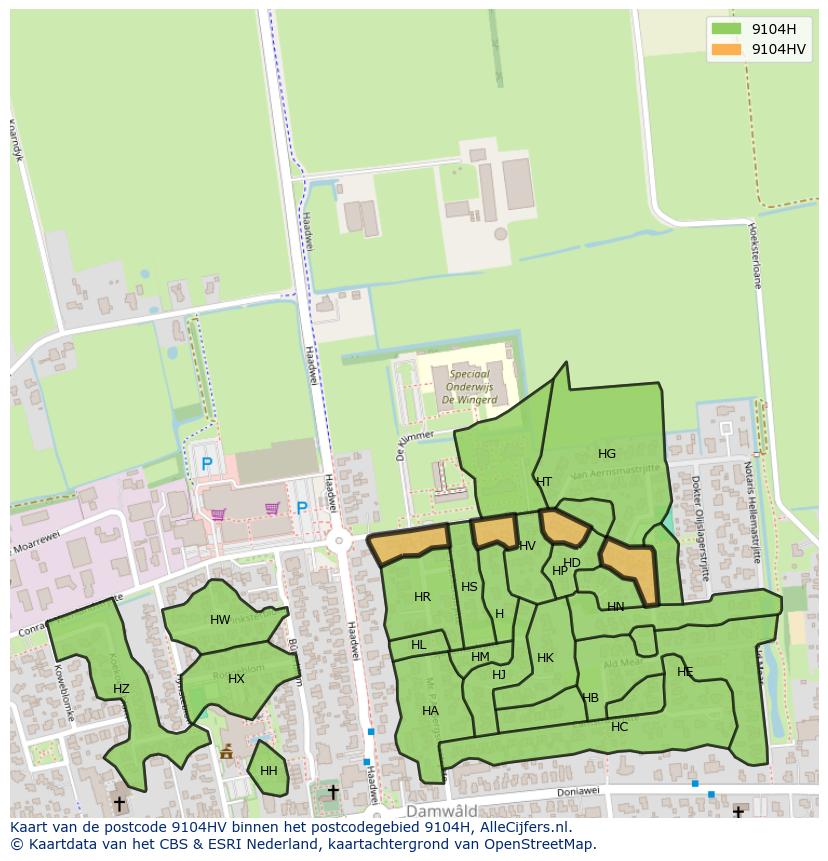 Afbeelding van het postcodegebied 9104 HV op de kaart.