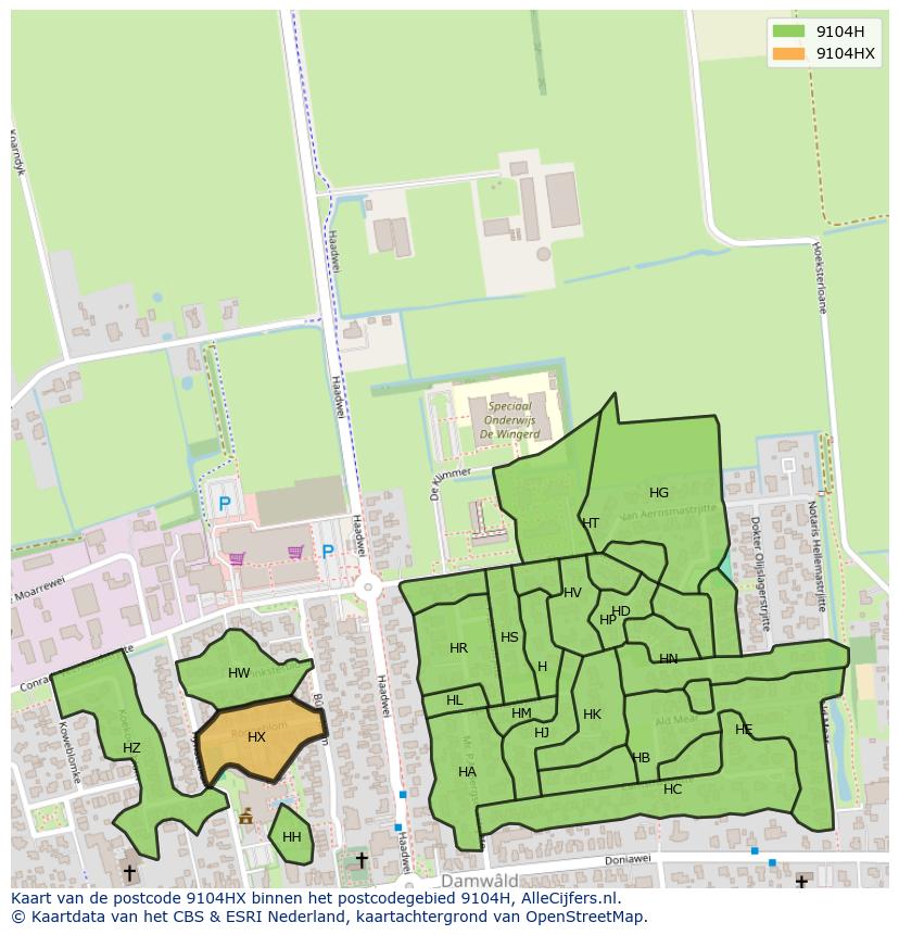Afbeelding van het postcodegebied 9104 HX op de kaart.