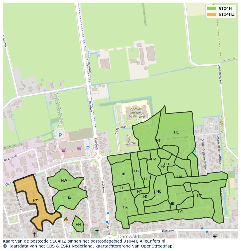 Afbeelding van het postcodegebied 9104 HZ op de kaart.