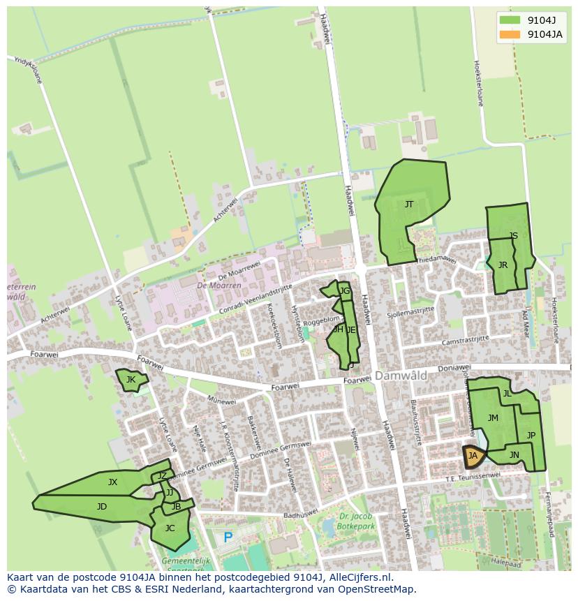 Afbeelding van het postcodegebied 9104 JA op de kaart.
