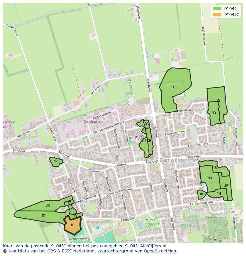 Afbeelding van het postcodegebied 9104 JC op de kaart.